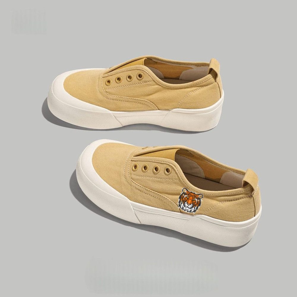 Beige Platform Slip-On Sneakers with Tiger Emblem