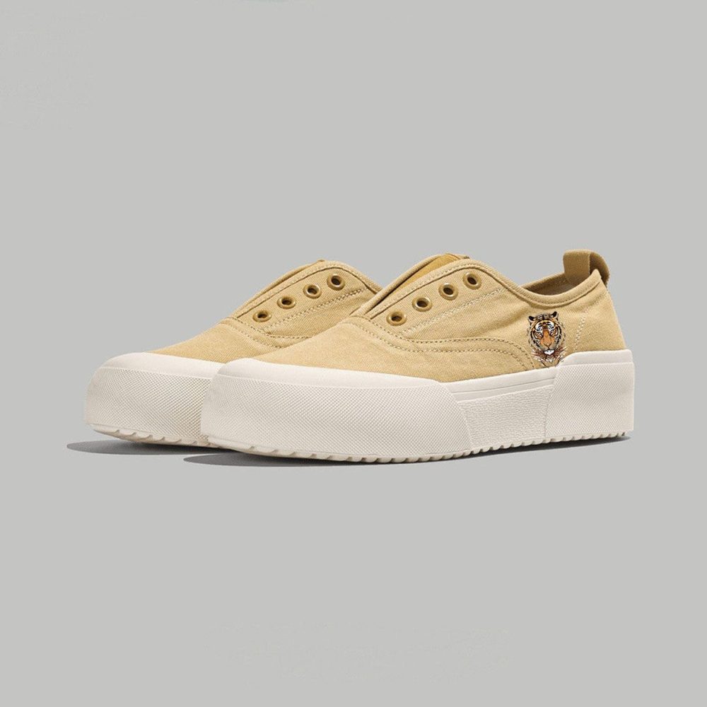 Beige Suede Slip-On Platform Sneakers with Detailed Tiger Embroidery