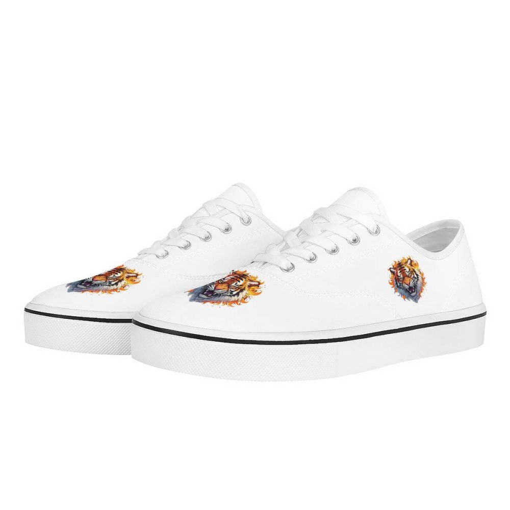 White Canvas Sneakers with Flame-Accented Tiger Embroidery